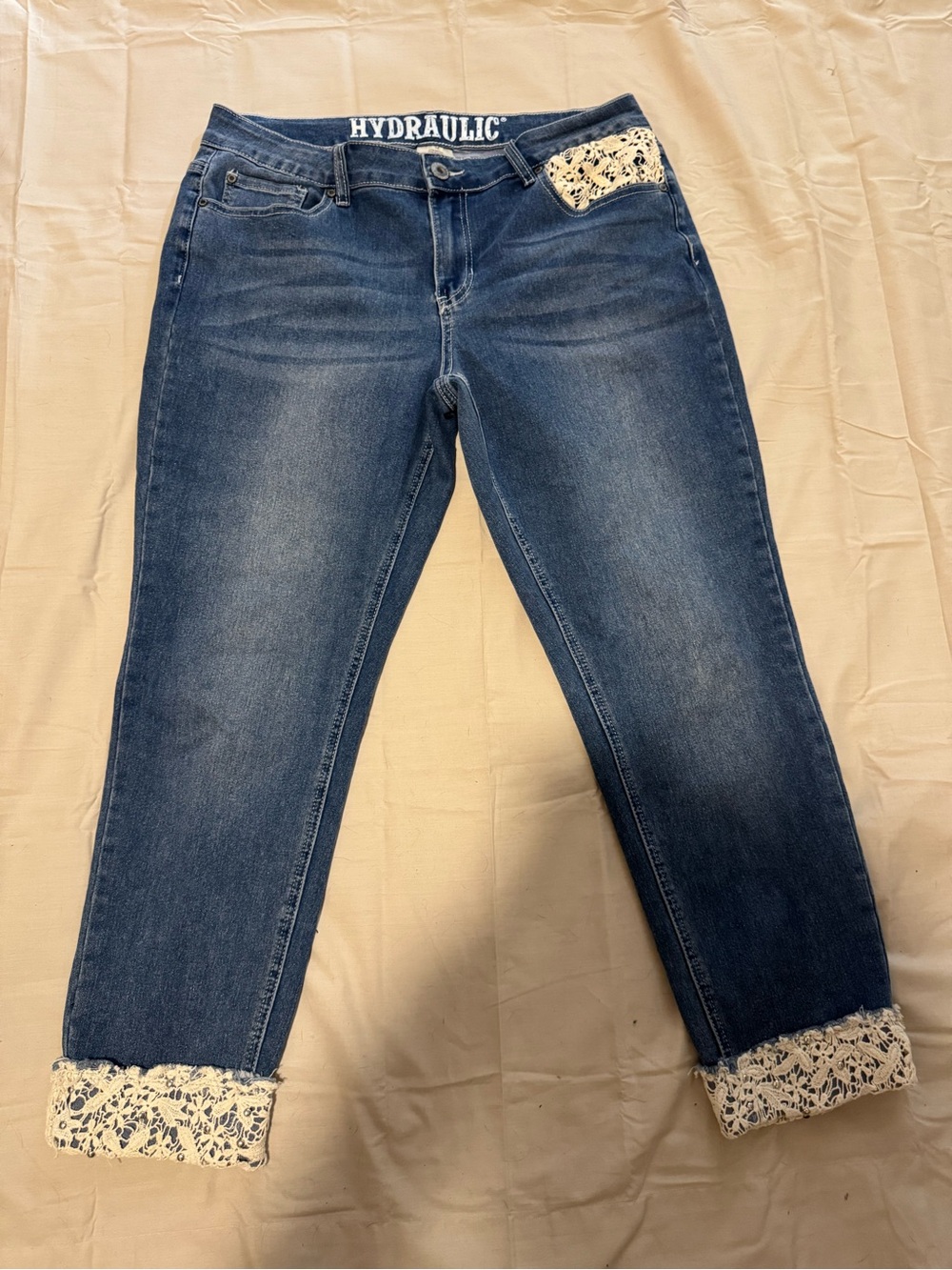 Hydraulic Cropped Jeans Size 14 Blue Denim Crochet Cuff Boho Stretch - Picture 2 of 7